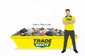 Yellow skip bin with waste materials and a person standing next to it, featuring Trade Waste branding.
